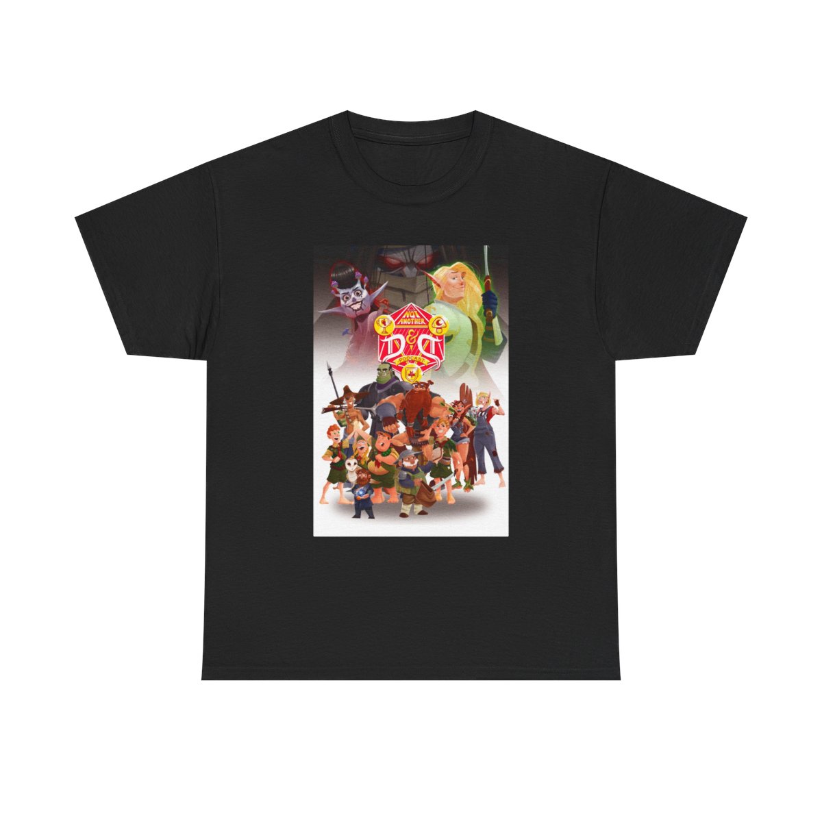 Animated Fantasy Crew Illustration T-Shirt | Colorful Character Collage Not Another D&D Podcast - alternate angle 2, merchandise